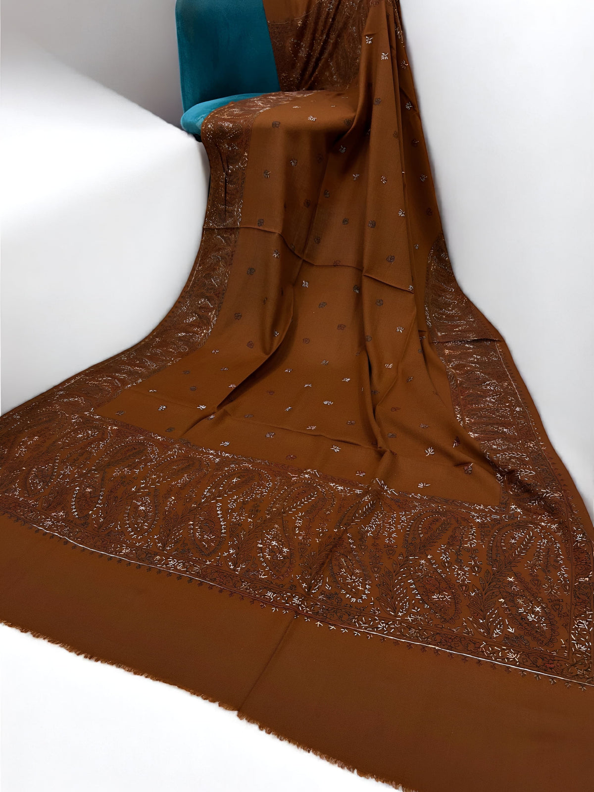 Rust White - Hand Embroidered Paisley Kashmiri Shawl