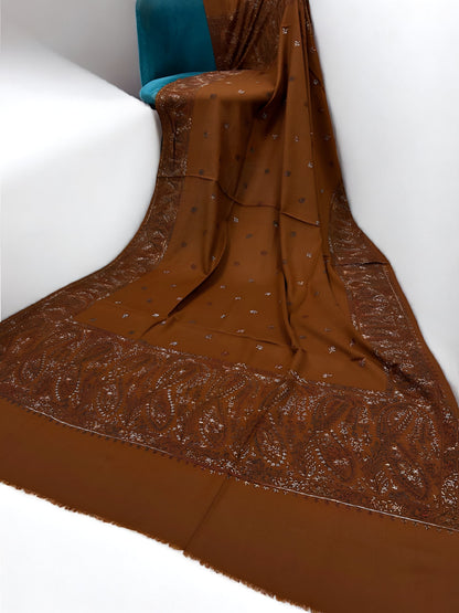 Rust White - Hand Embroidered Paisley Kashmiri Shawl