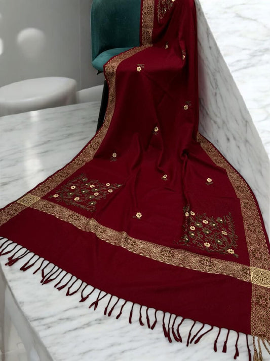 Maroon Cream Border Embroidered Gold Floral Pashmina Shawl