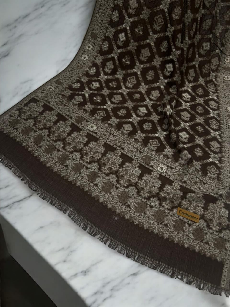 Brown Silver Crossed Floral Pashmina Hijab