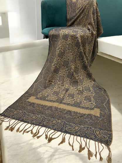 Beige Grey Blue two-tone Paisley Pashmina Hijab