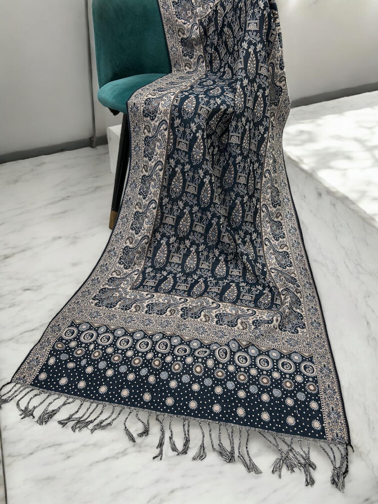 Teal Beige Cream dotted two-tone Paisley Pashmina Hijab