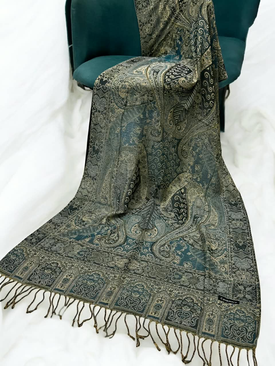Azure Blue Mint Green Persian Paisley Dual-Tone Pashmina Hijab