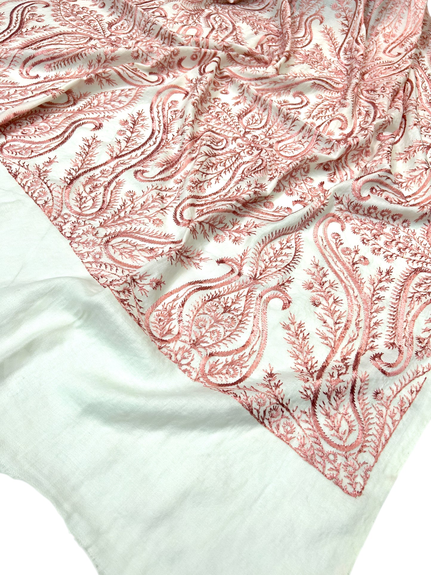 White Pink - Embroidered Paisley Kashmiri Shawl