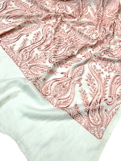 White Pink - Embroidered Paisley Kashmiri Shawl