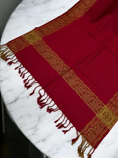 Red Plain Paisleys Border Pashmina Hijab