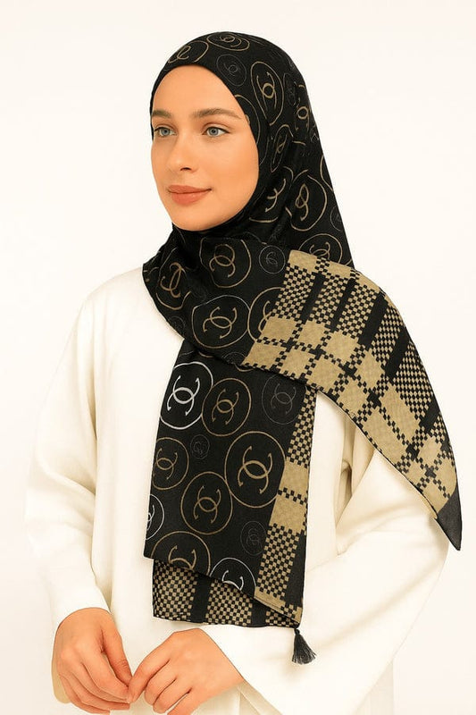 Printed Viscose Wool Hijab - Branded Beige Chanel