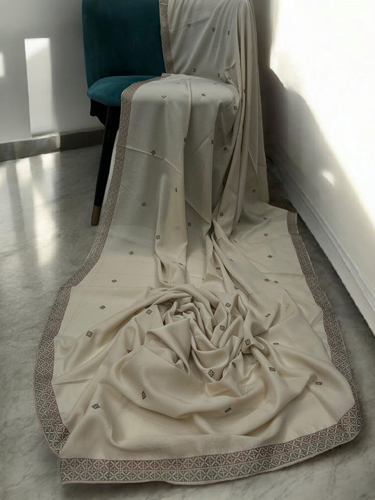 Creamy White Double Border Embroidered Shaal