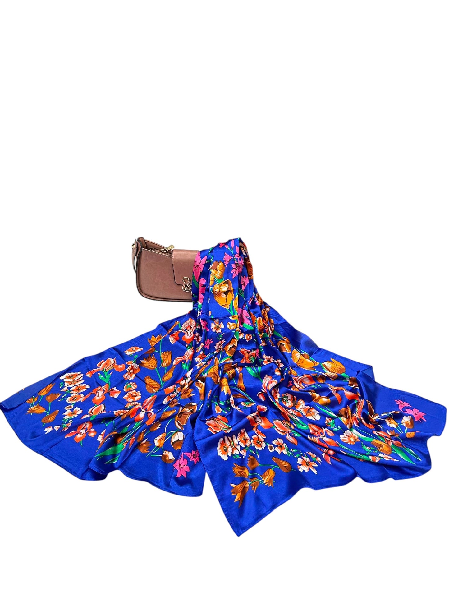 Satin Silk Scarf - Electric Blue Rust Tulips