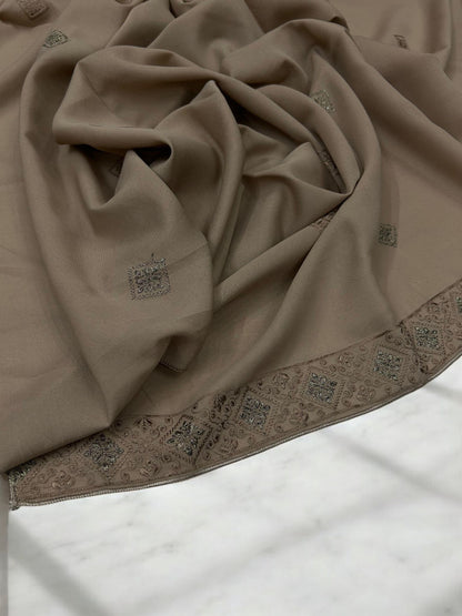 Soil Brown Squares Threadwork Embroidered Border Shaal