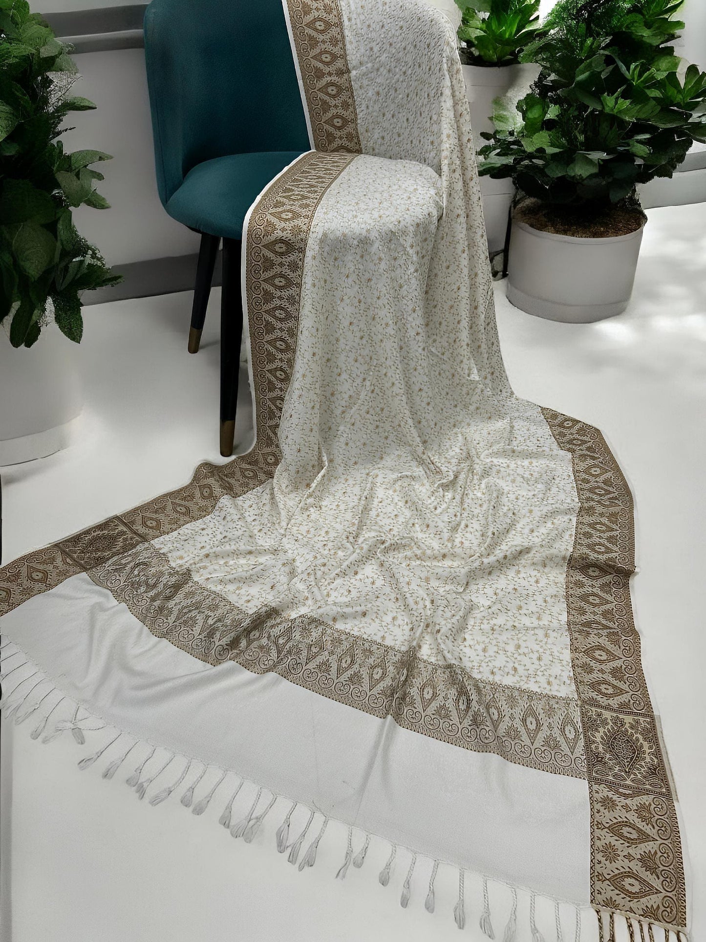 White Beige Threadwork Hand Embroidered Pashmina Shawl