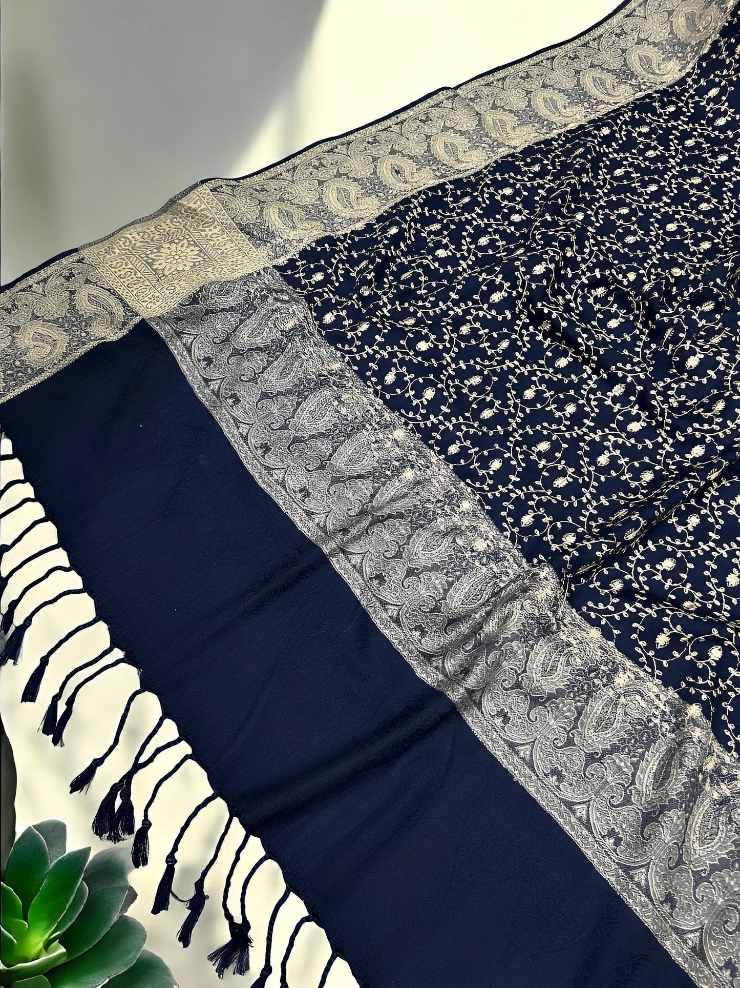Navy Creamy Gold Threadwork Hand Embroidered Pashmina Shawl