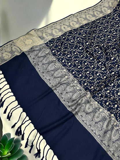 Navy Creamy Gold Threadwork Hand Embroidered Pashmina Shawl