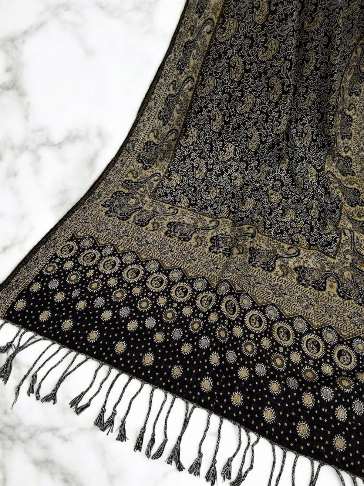 Black Butter Yellow Silver Dotted Two-tone Paisley Pashmina Hijab