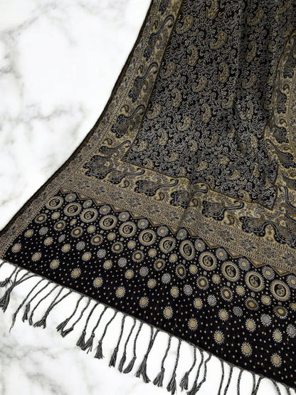 Black Butter Yellow Silver Dotted Two-tone Paisley Pashmina Hijab
