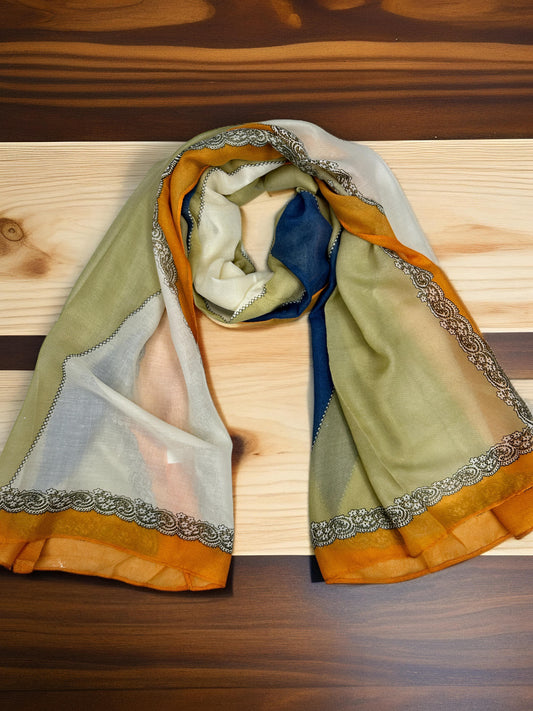 Sage Green Orange Border Printed Modal Hijab