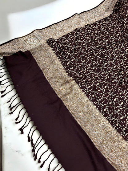 Mahogany Creamy Gold Threadwork Hand Embroidered Pashmina Shawl