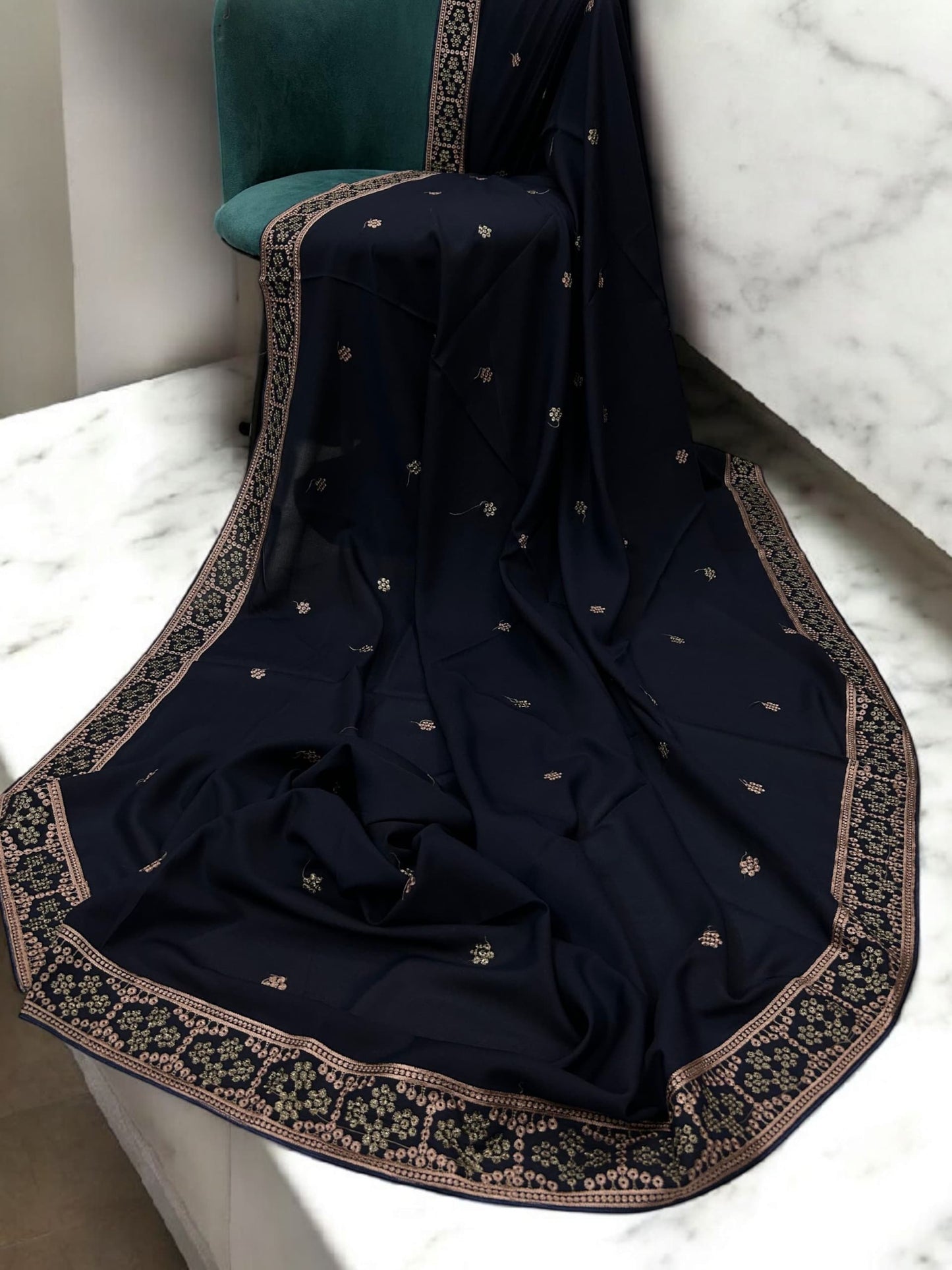 Navy Blue Rosegold Honeycomb Fancy Embroidered Shaal