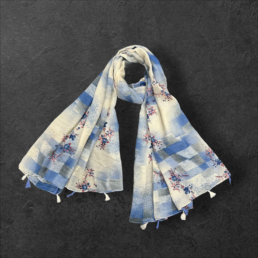 Off White Blue Sketches Floral Printed Modal Hijab