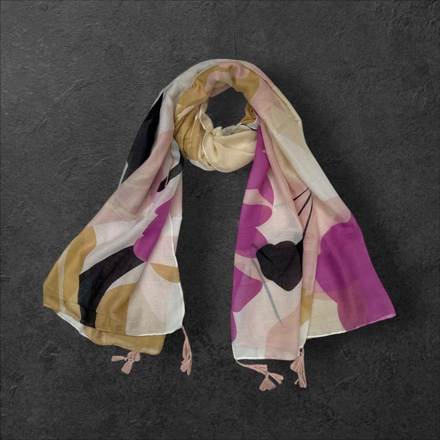 Pink Beige Shapes Printed Lawn Tassel Hijab