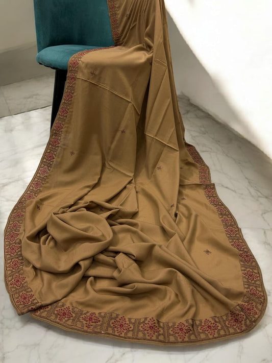 Caramel Brown Red Embroidered Border Shaal