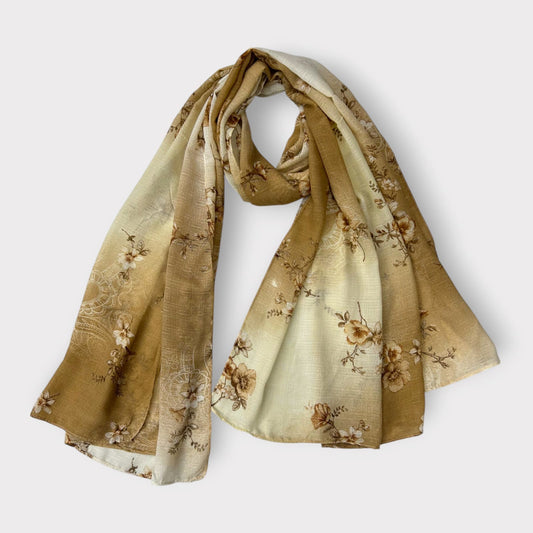 Dull Brown Cream White Floral Printed Modal Hijab