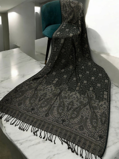 Threadwork Paisley Pashmina Shawl - Army Green Beige
