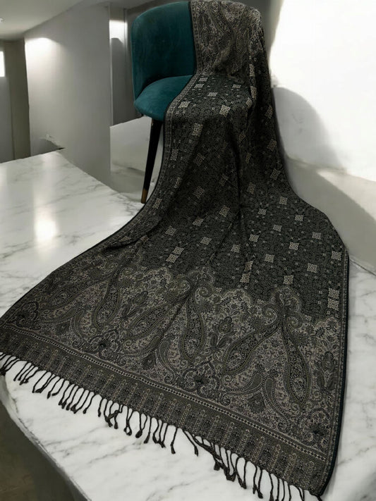 Threadwork Paisley Pashmina Shawl - Army Green Beige