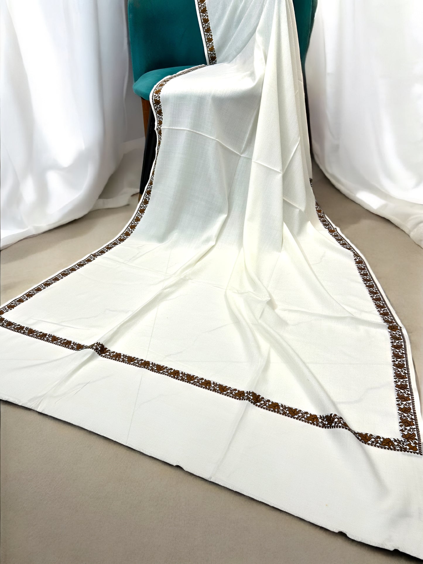 White - Plain Kashmiri Border Shawl