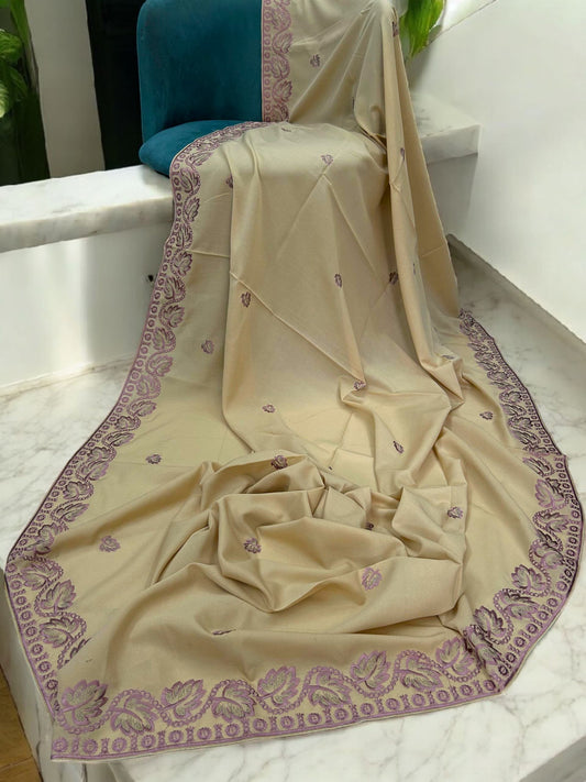 Vanilla White Lilac Leaflets Fancy Embroidered Shaal