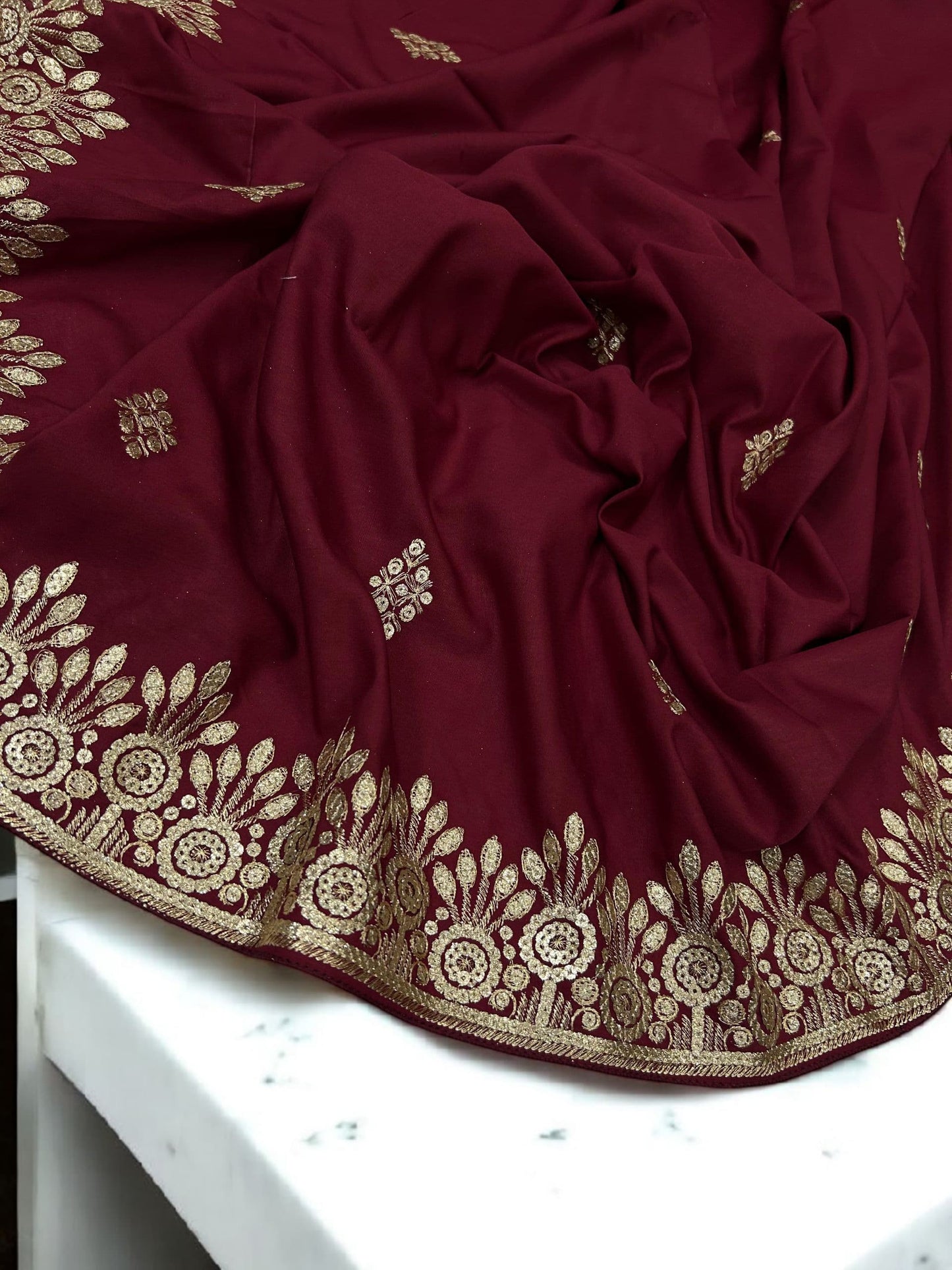 Scarlet Red Gold Floral Sequence Bridal Embroidered Shaal