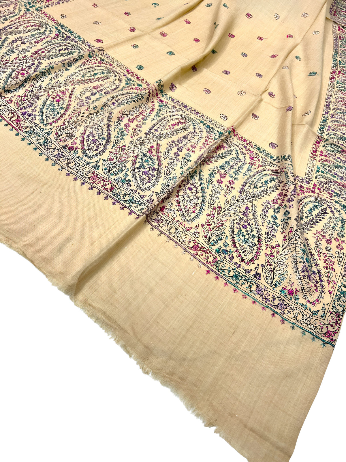 Beige Teal Pink Multi - Hand Embroidered Paisley Kashmiri Shawl