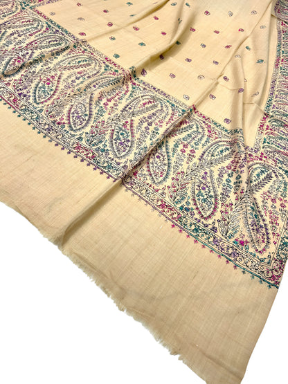 Beige Teal Pink Multi - Hand Embroidered Paisley Kashmiri Shawl