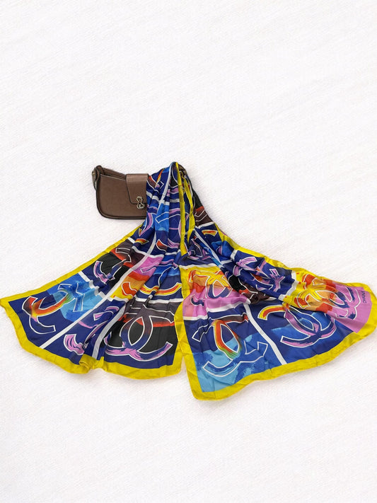 Satin Silk Scarf - Yellow Blue Chanel