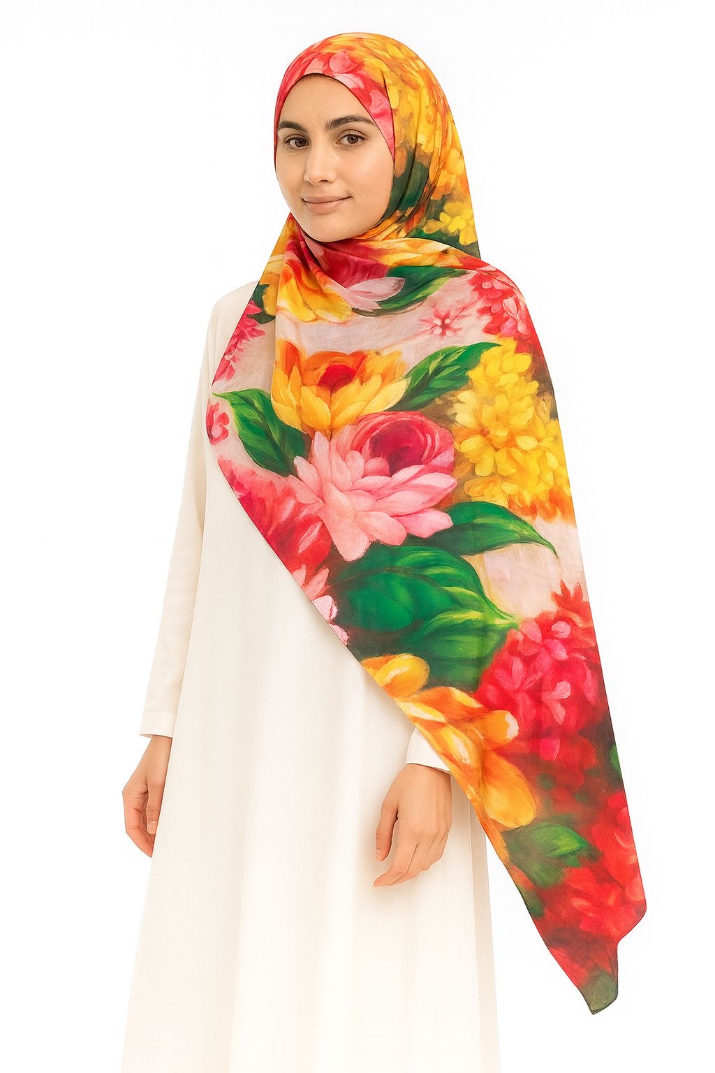 Large Satin Silk Scarf - Blushed Red Garden