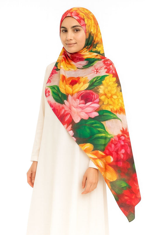 Large Satin Silk Scarf - Blushed Red Garden