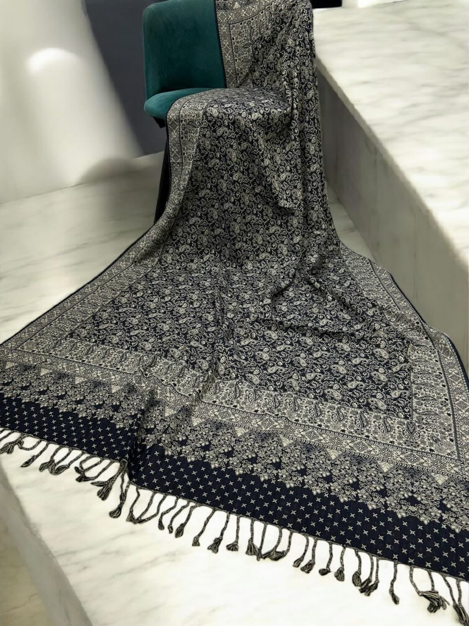 Threadwork Paisley Pashmina Shawl - Black Beige
