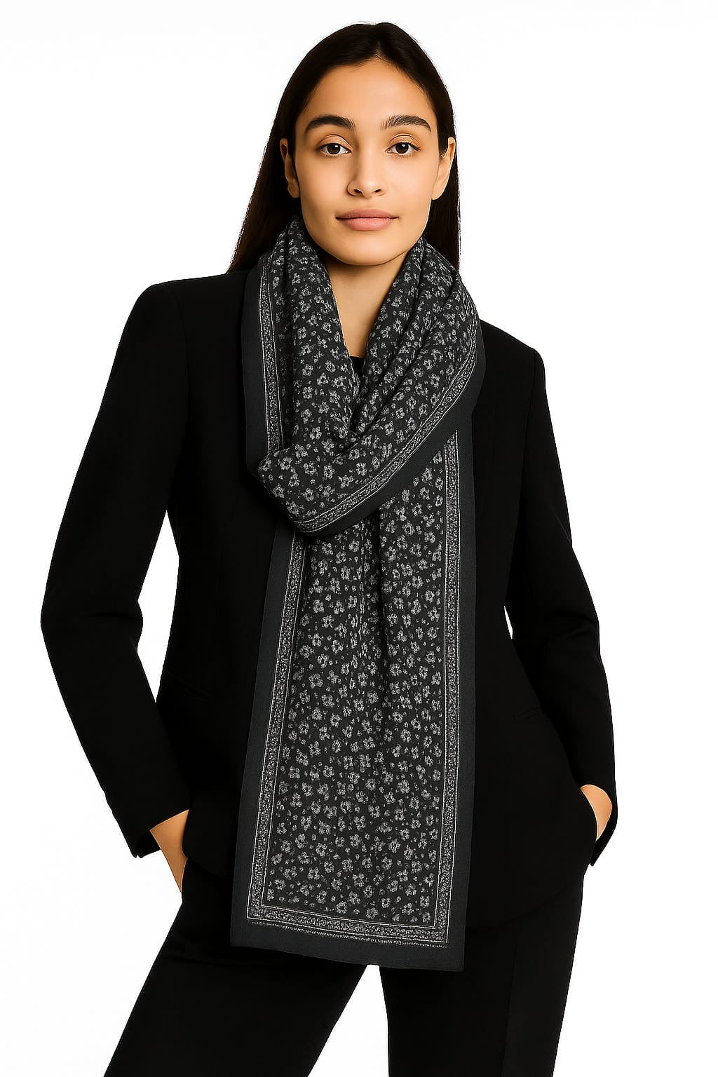 Printed Viscose Wool Hijab - Black Little Floral