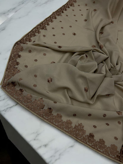 Beige Dark Peach Floral Embroidered Border Shaal