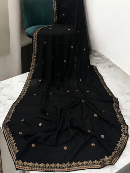 Black Beige Floral Threadwork Embroidered Shaal