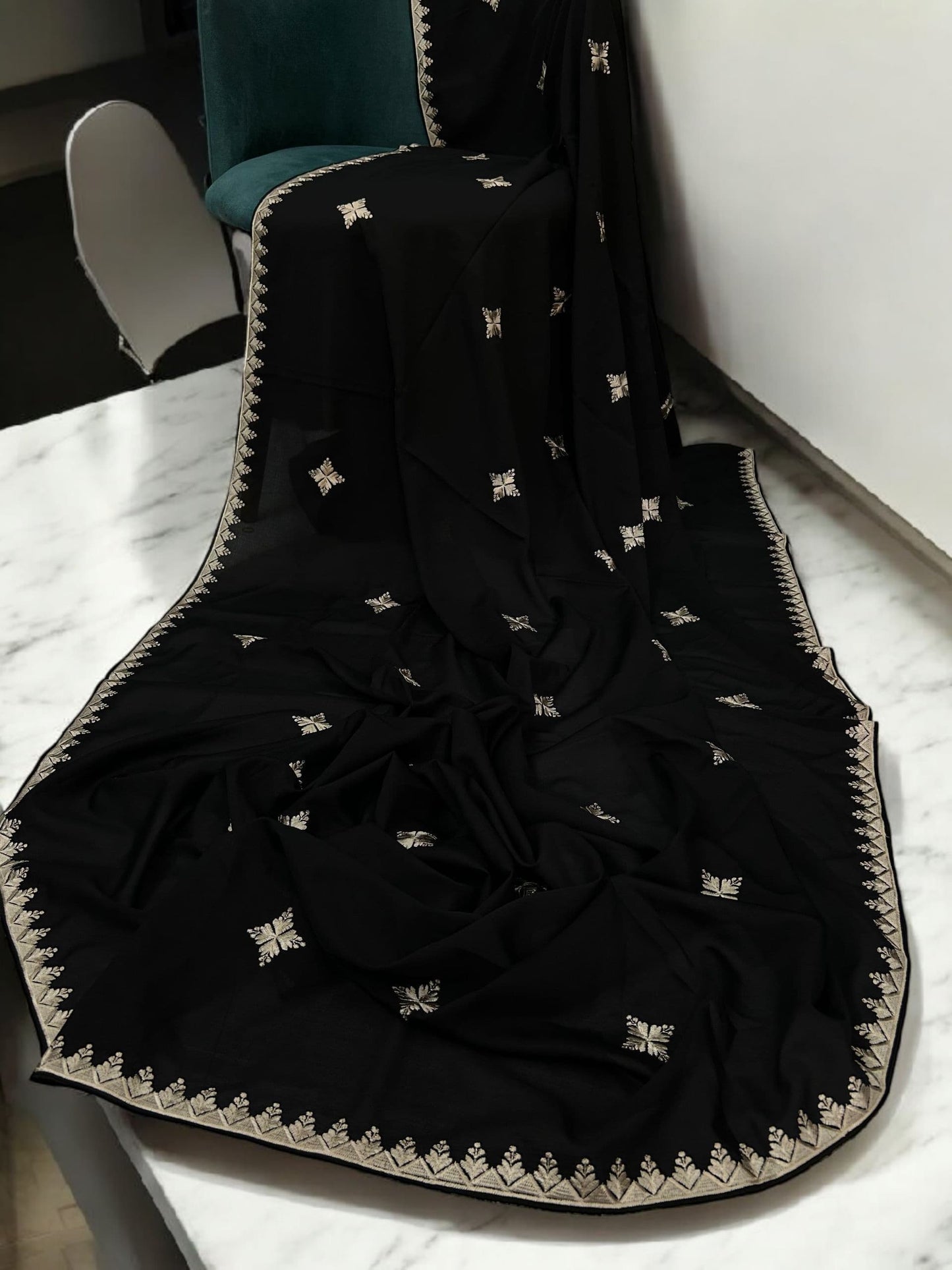 Black Cream White Border Embroidered Shaal