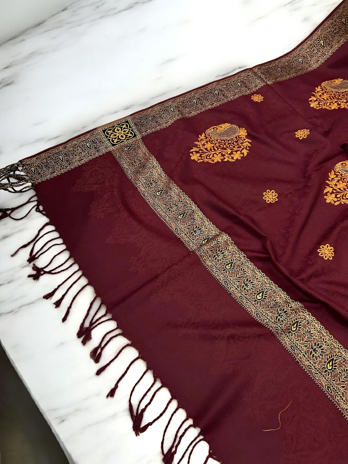 Burgundy Gold Border Embroidered Orange Patchwork Pashmina Shawl
