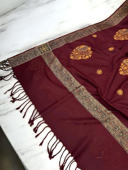 Burgundy Gold Border Embroidered Orange Patchwork Pashmina Shawl
