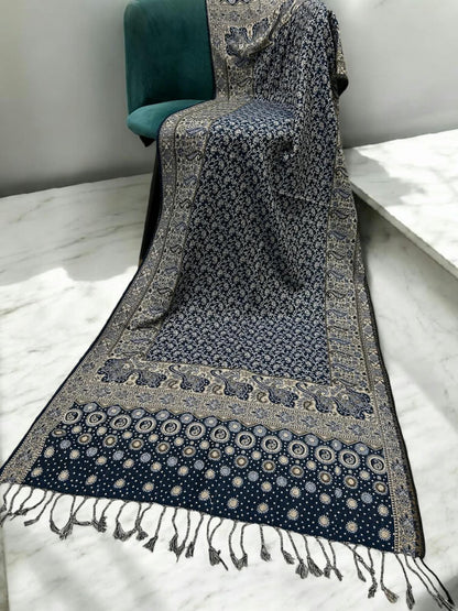 Midnight Blue Silver Dotted Dual Tone Pashmina Hijab