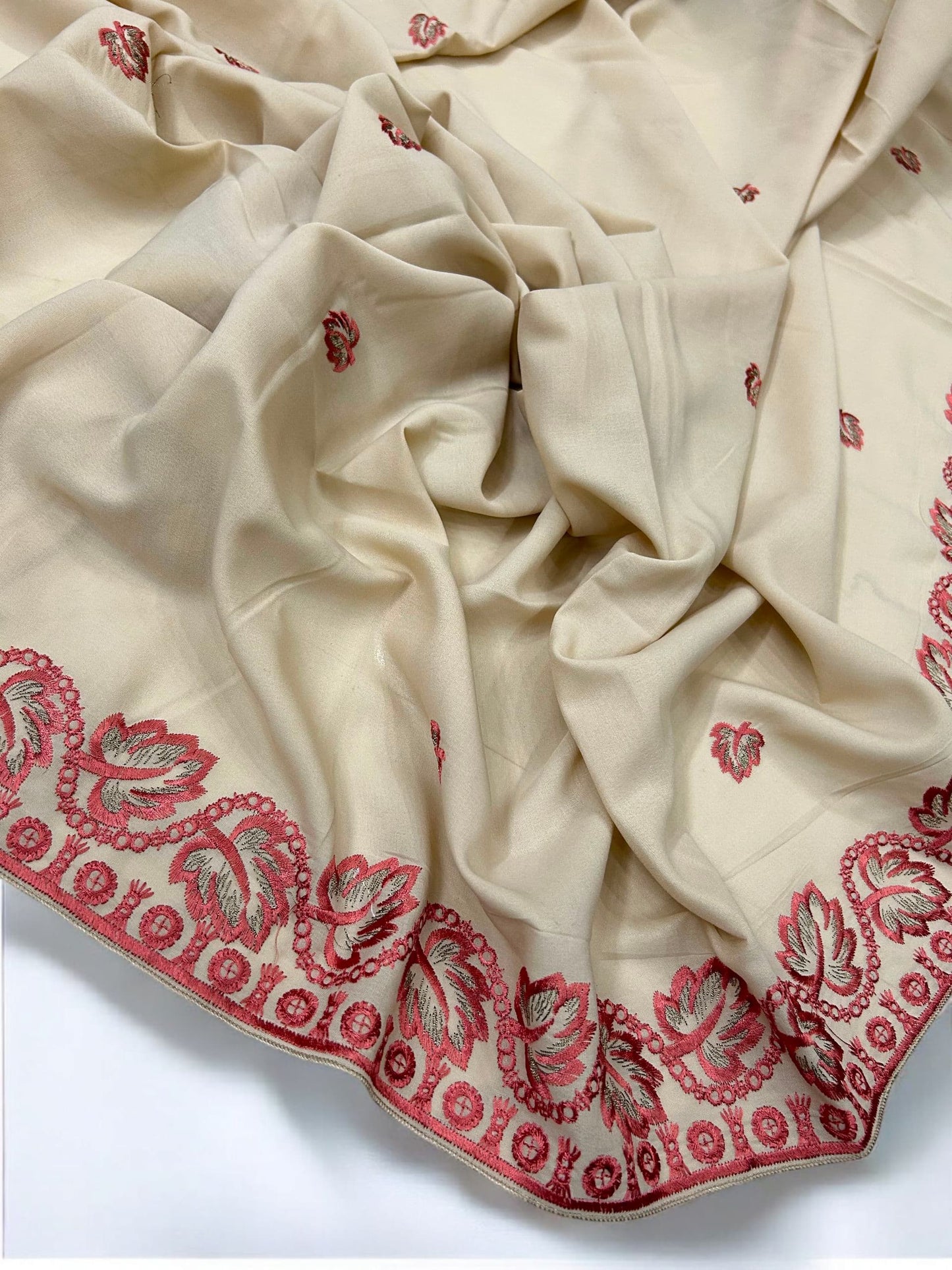 Cream Coral Leaflets Fancy Embroidered Shaal