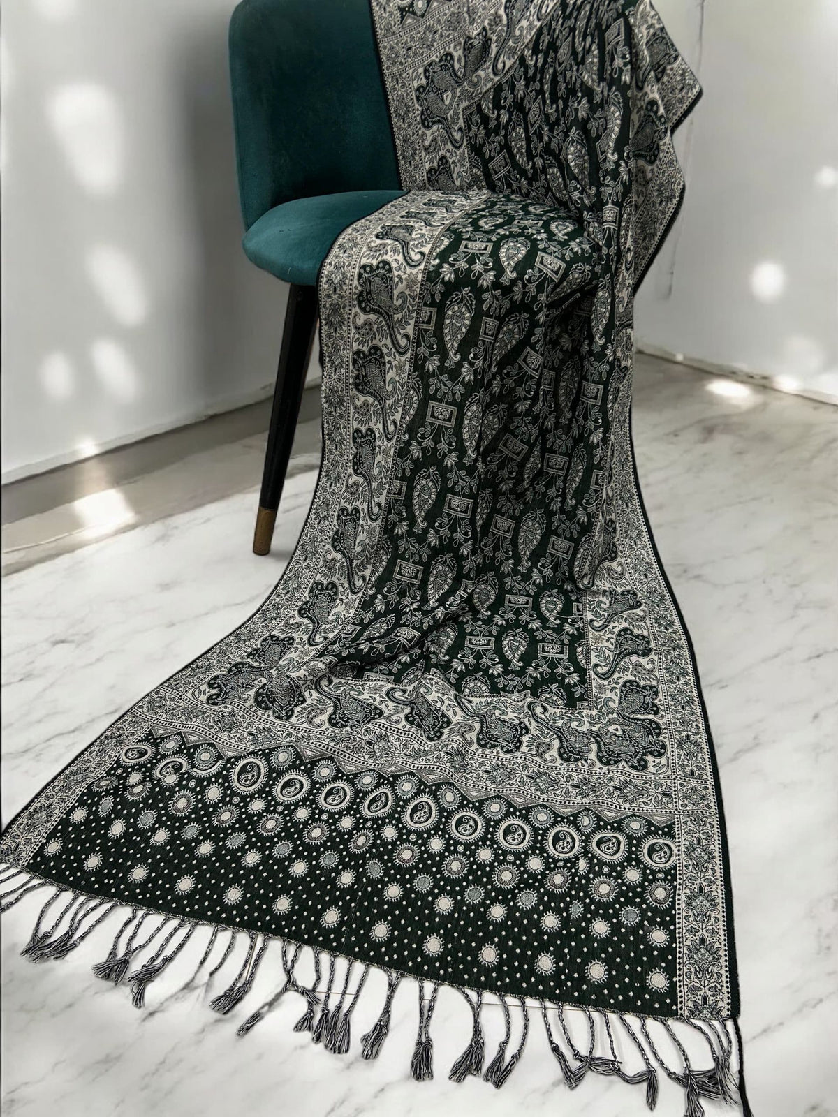 Flag Green White Silver Dotted Two-tone Paisley Pashmina Hijab