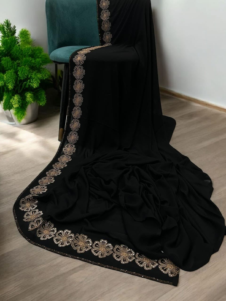 Luxury Black Sequence Cosmos Floral Border Korean Shaal