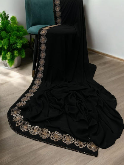 Luxury Black Sequence Cosmos Floral Border Korean Shaal