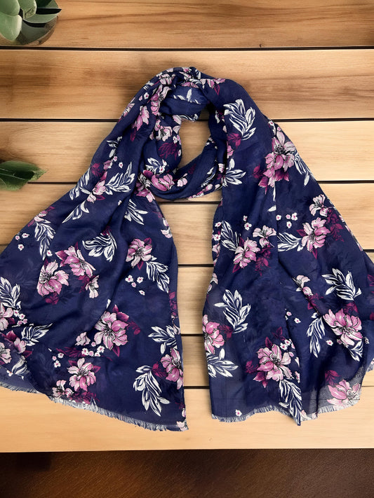 Indigo Blue Pink Floral Printed Modal Hijab