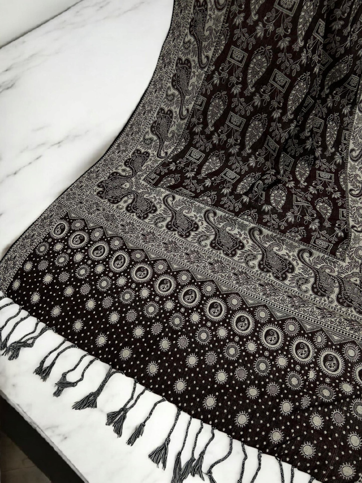 Mahogany Silver White Dotted Two-tone Paisley Pashmina Hijab